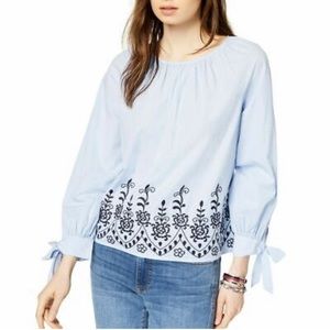 New Tommy Hilfiger Blue & White Striped Cotton Embroidered Top Blouse